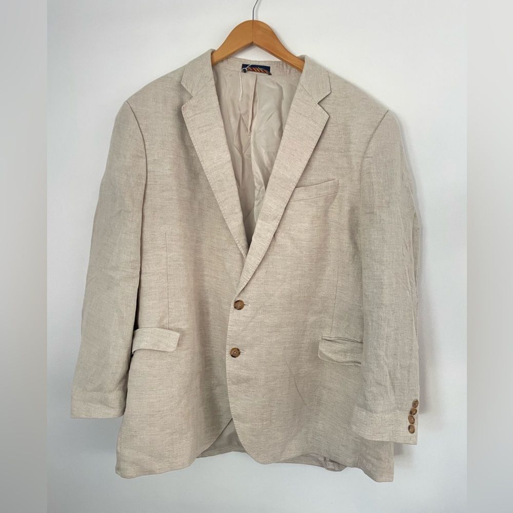 Lands End Men’s Sport Coat 48 Beige Linen Blazer Jacket Casual Classic Business